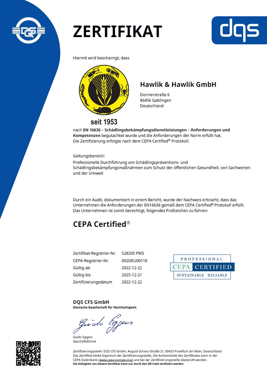Schädlingsbekämpfung Zertifikat CEPA DIN EN 16636